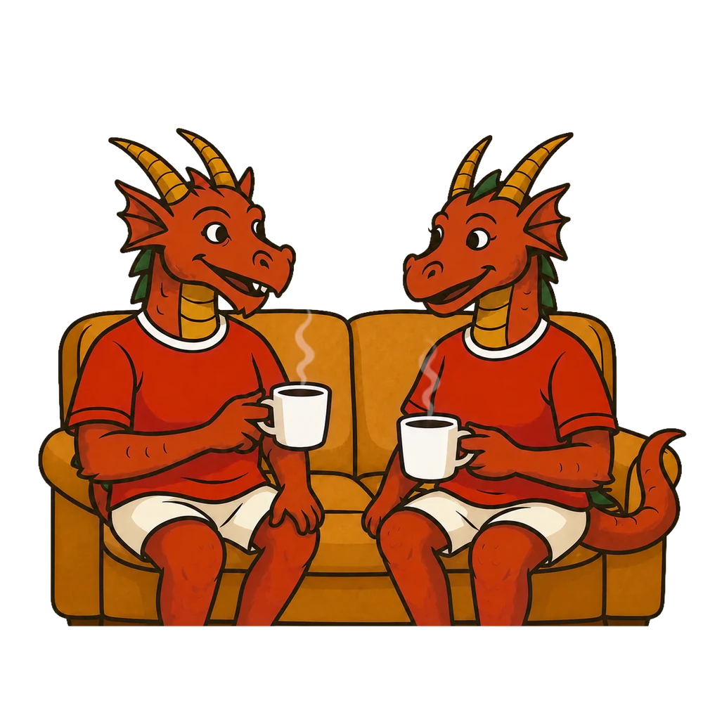 Two dragons sat on a couch with coffee